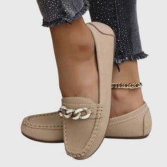 Beige Melissa orthopedic loafers by THE WHITMORE FAMILY, featuring a classic slip-on style and comfortable design.