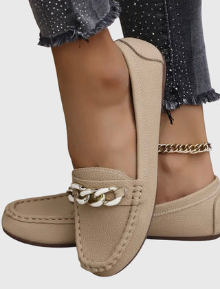 Beige Melissa orthopedic loafers by THE WHITMORE FAMILY, featuring a classic slip-on style and comfortable design.