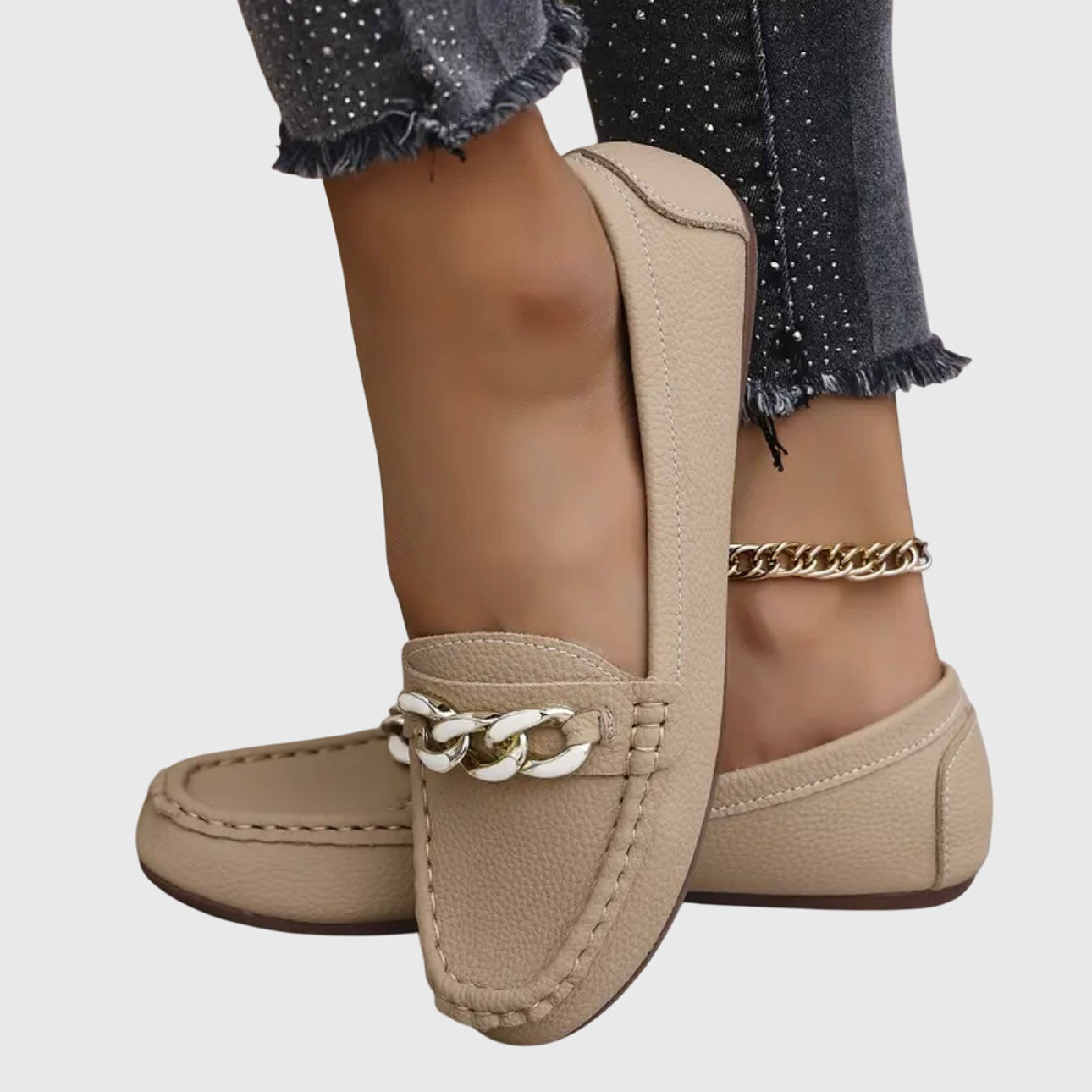 Beige Melissa orthopedic loafers by THE WHITMORE FAMILY, featuring a classic slip-on style and comfortable design.