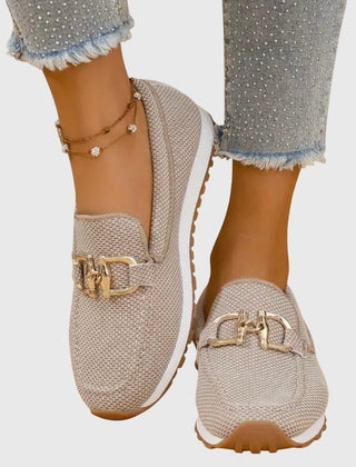 Beige Susana orthopedic loafers by THE WHITMORE FAMILY, showcasing comfortable slip-on footwear with cushioned soles.
