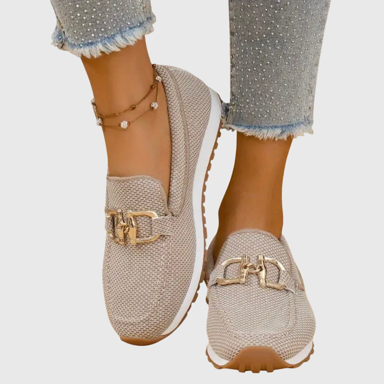 Beige Susana orthopedic loafers by THE WHITMORE FAMILY, showcasing comfortable slip-on footwear with cushioned soles.