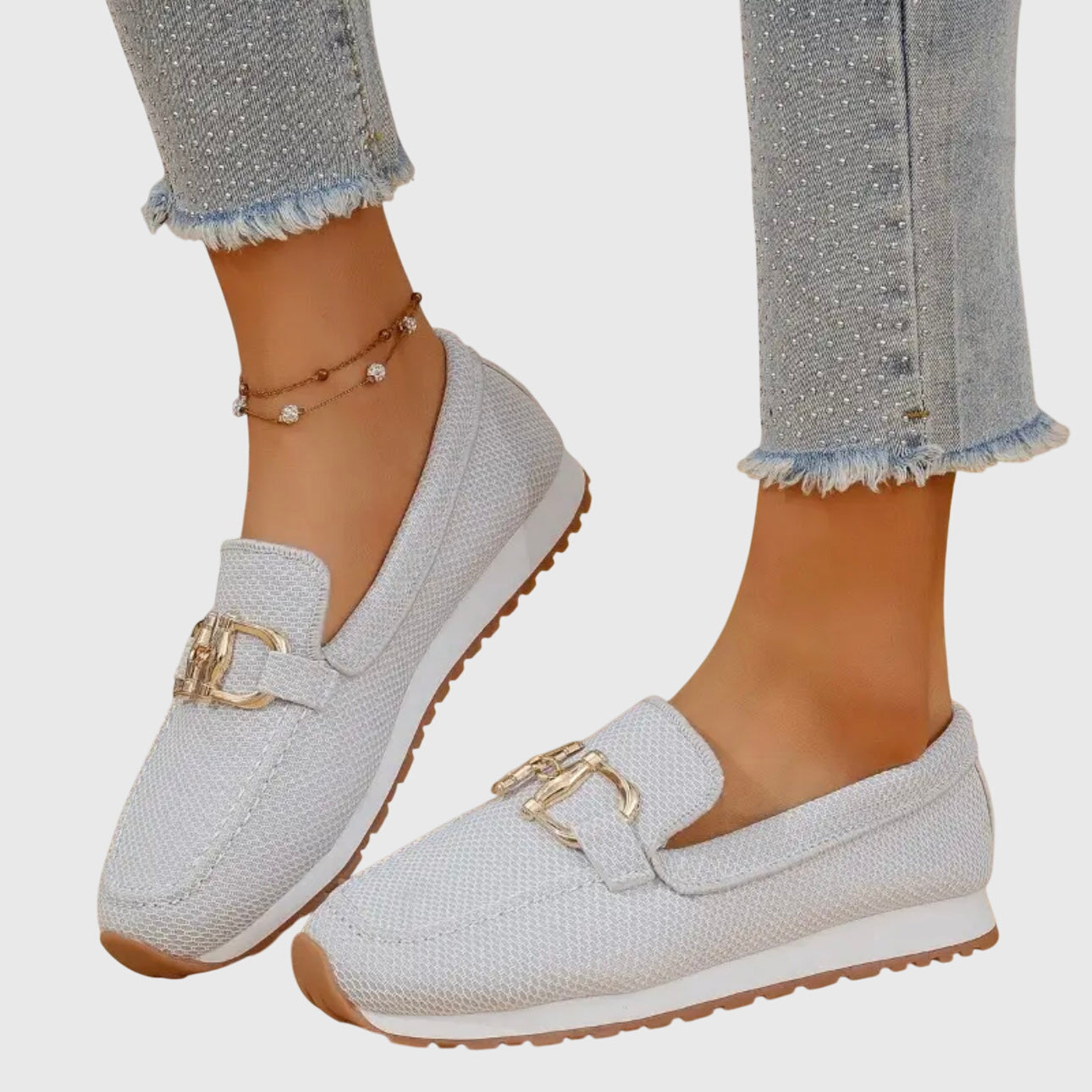 Beige Susana orthopedic loafers by THE WHITMORE FAMILY, showing comfortable slip-on design and supportive sole.