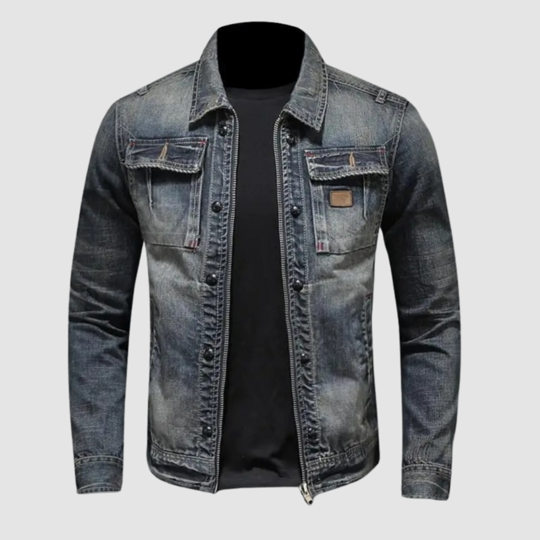 Men's Alfred™ Classic Denim Jacket by THE WHITMORE FAMILY, shown in medium wash with traditional collar and button front.