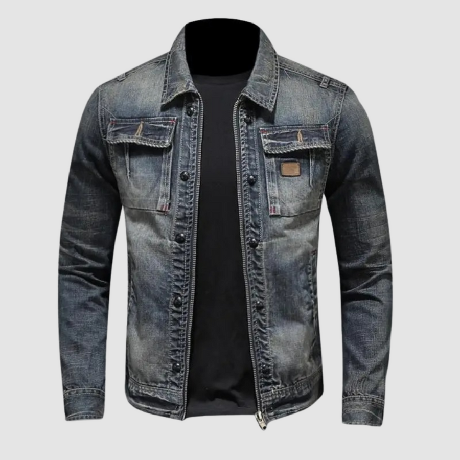 Alfred™ Classic Denim Jacket by THE WHITMORE FAMILY, front view showing blue denim fabric, button closure, and traditional collar.