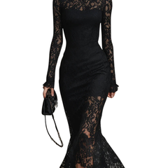 Black lace maxi dress named Julia by THE WHITMORE FAMILY, featuring elegant design and fitted silhouette, shown on a model.