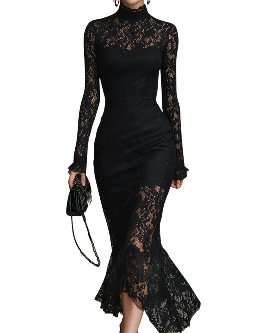 Black lace maxi dress named Julia by THE WHITMORE FAMILY, featuring elegant design and fitted silhouette, shown on a model.