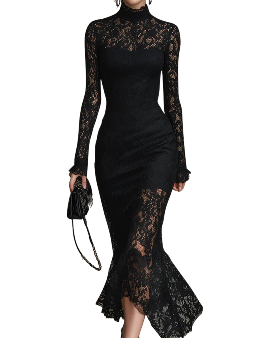Black lace maxi dress named Julia by THE WHITMORE FAMILY, featuring elegant design and fitted silhouette, shown on a model.