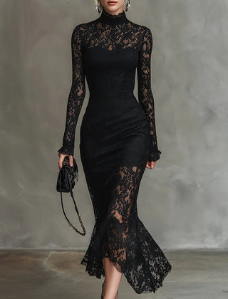 Black lace maxi dress named Julia by THE WHITMORE FAMILY, featuring a fitted silhouette and elegant lace fabric.