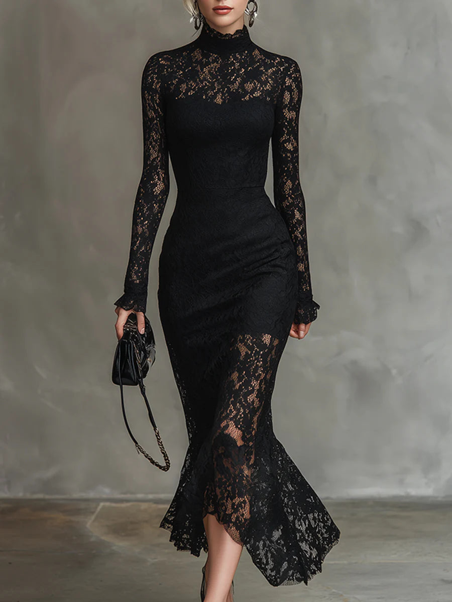 Black lace maxi dress named Julia by THE WHITMORE FAMILY, featuring a fitted silhouette and elegant lace fabric.