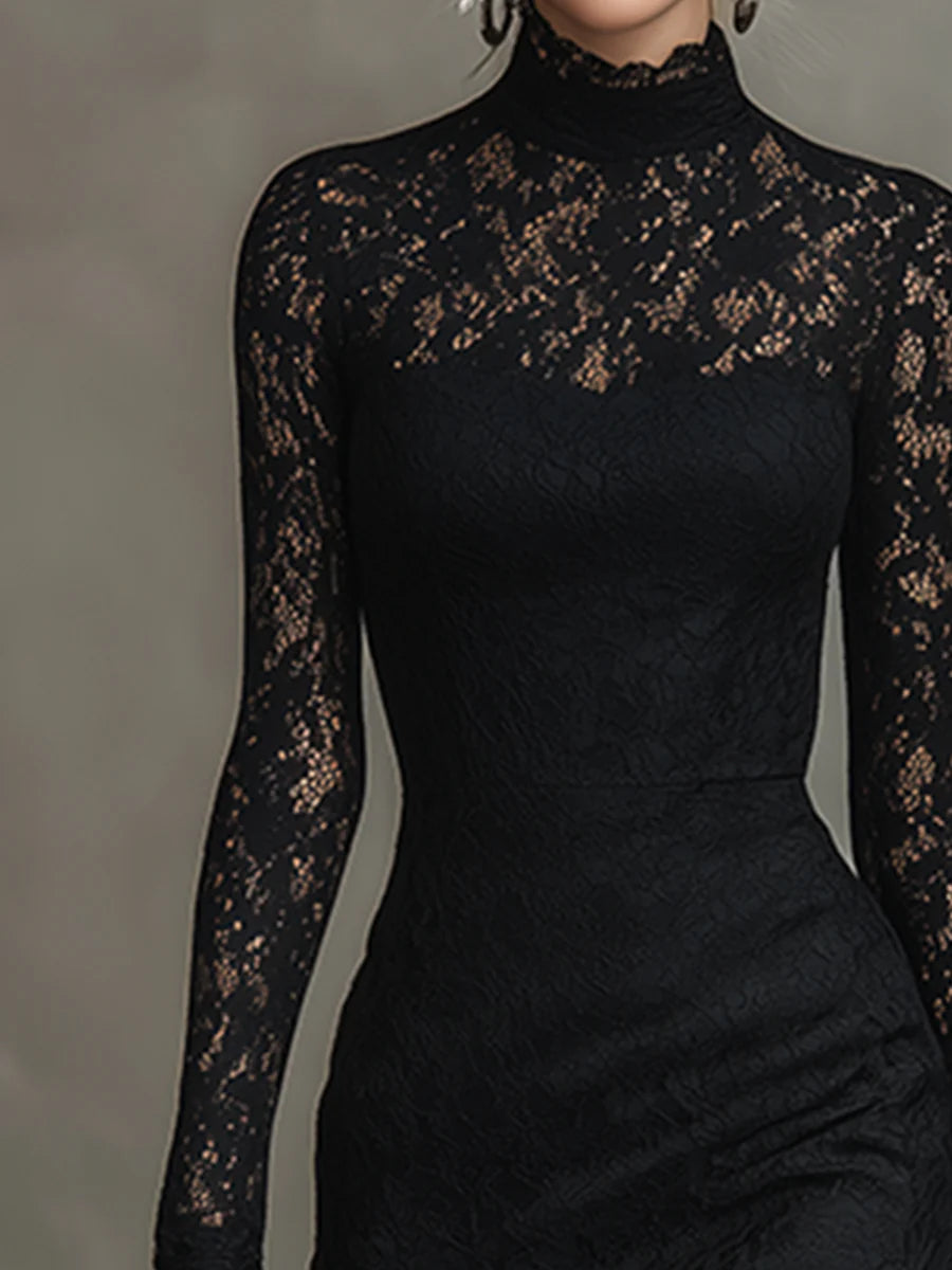 Black lace maxi dress named Julia by THE WHITMORE FAMILY, featuring elegant floor-length design and intricate lace details.