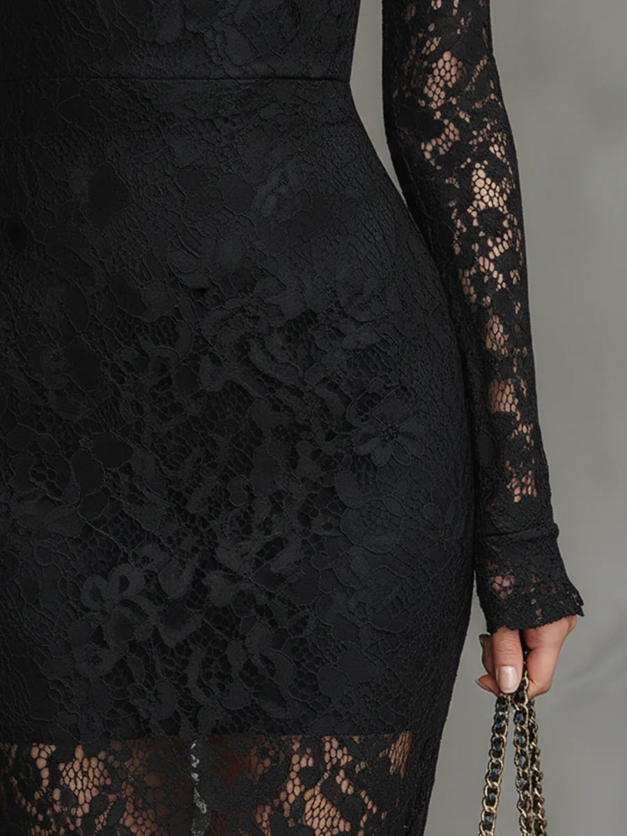 Black lace maxi dress by THE WHITMORE FAMILY, featuring a fitted silhouette and elegant design in size XS.