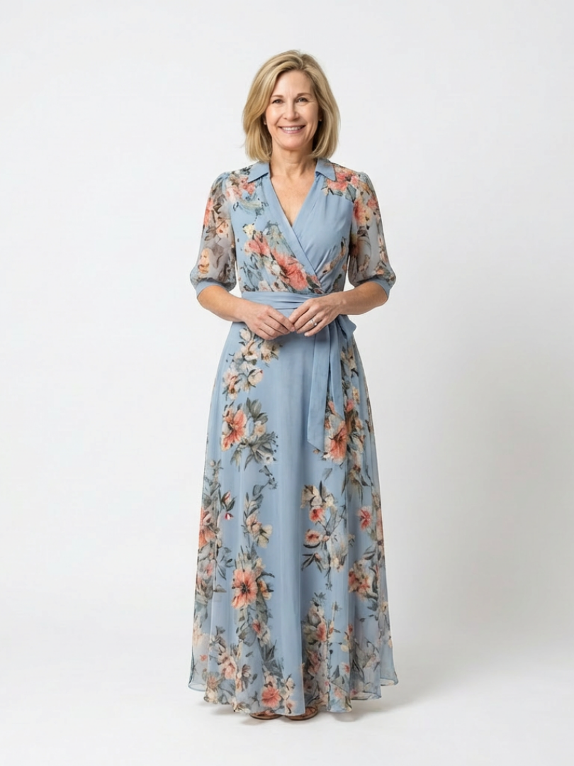 Elowen floral wrap V-neck maxi dress from THE WHITMORE FAMILY displayed in vibrant floral print on lightweight fabric.