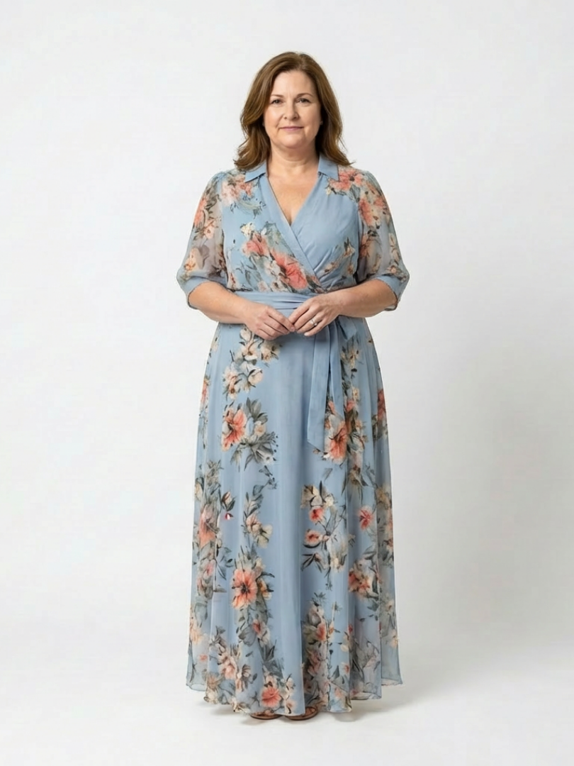 Elowen floral wrap V-neck maxi dress from THE WHITMORE FAMILY, featuring a flowing fabric and elegant floral pattern.