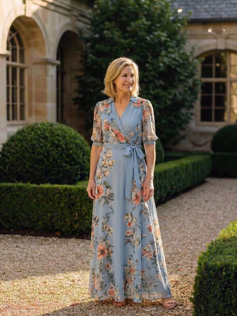 Floral wrap V-neck maxi dress by THE WHITMORE FAMILY with a flowing silhouette and vibrant floral print.