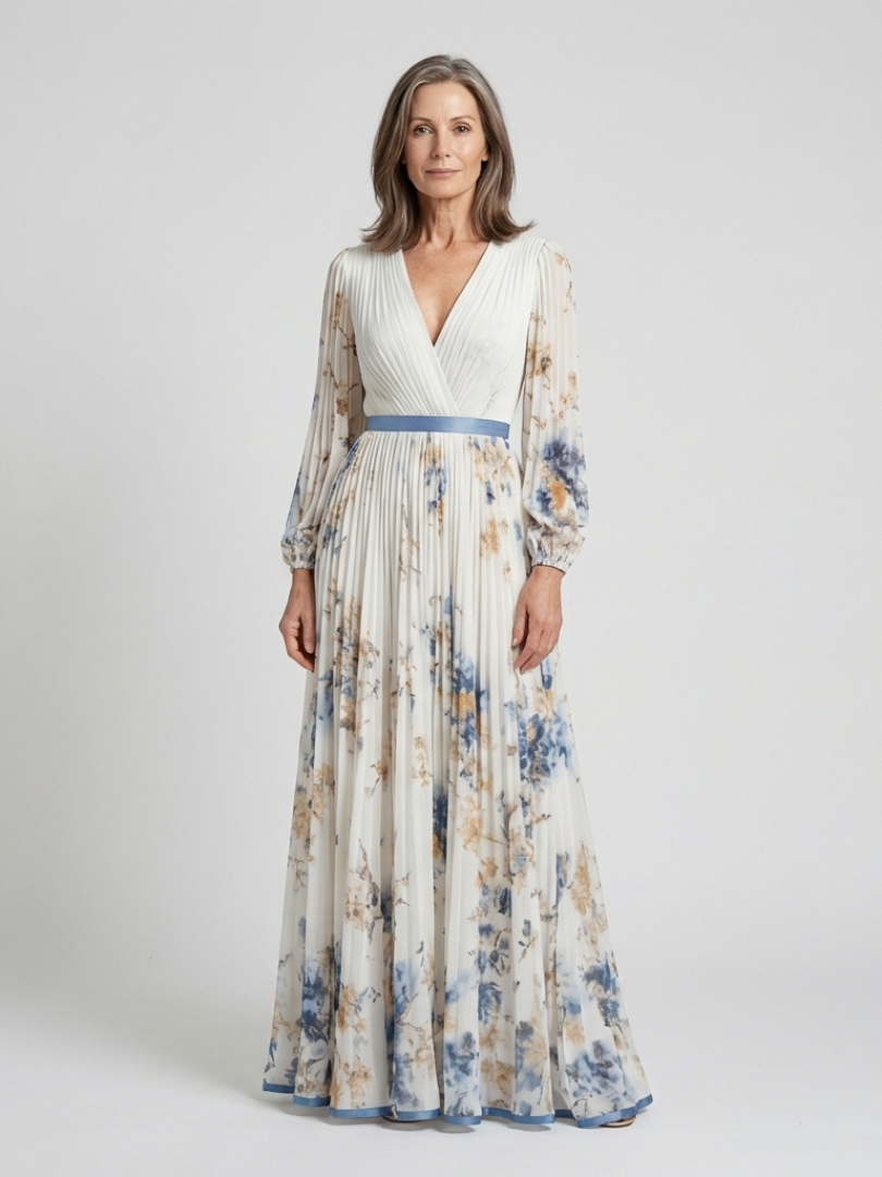 Lavinia long sleeve V-neck floral maxi dress from THE WHITMORE FAMILY featuring a flowing fabric and vibrant floral pattern.