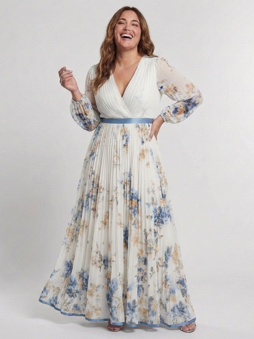 Lavinia long sleeve V-neck floral maxi dress by THE WHITMORE FAMILY, featuring a flowing fabric and vibrant floral pattern.