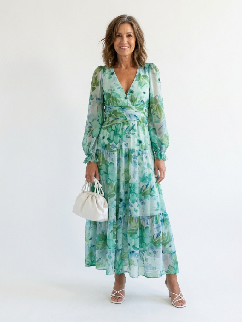 Althea long sleeve floral maxi dress by THE WHITMORE FAMILY, flowing fabric with vibrant floral pattern and elegant neckline.