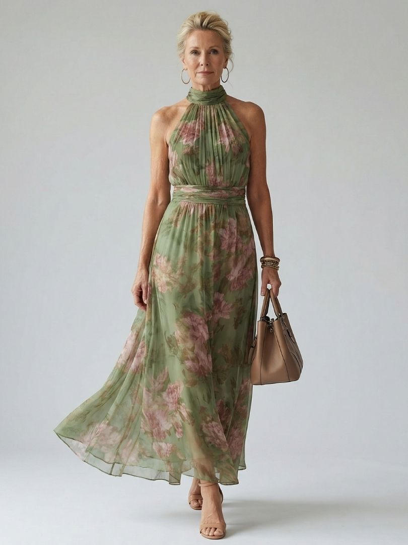 Naomi halter maxi dress by THE WHITMORE FAMILY, featuring a gathered halter neckline and flowing silhouette.
