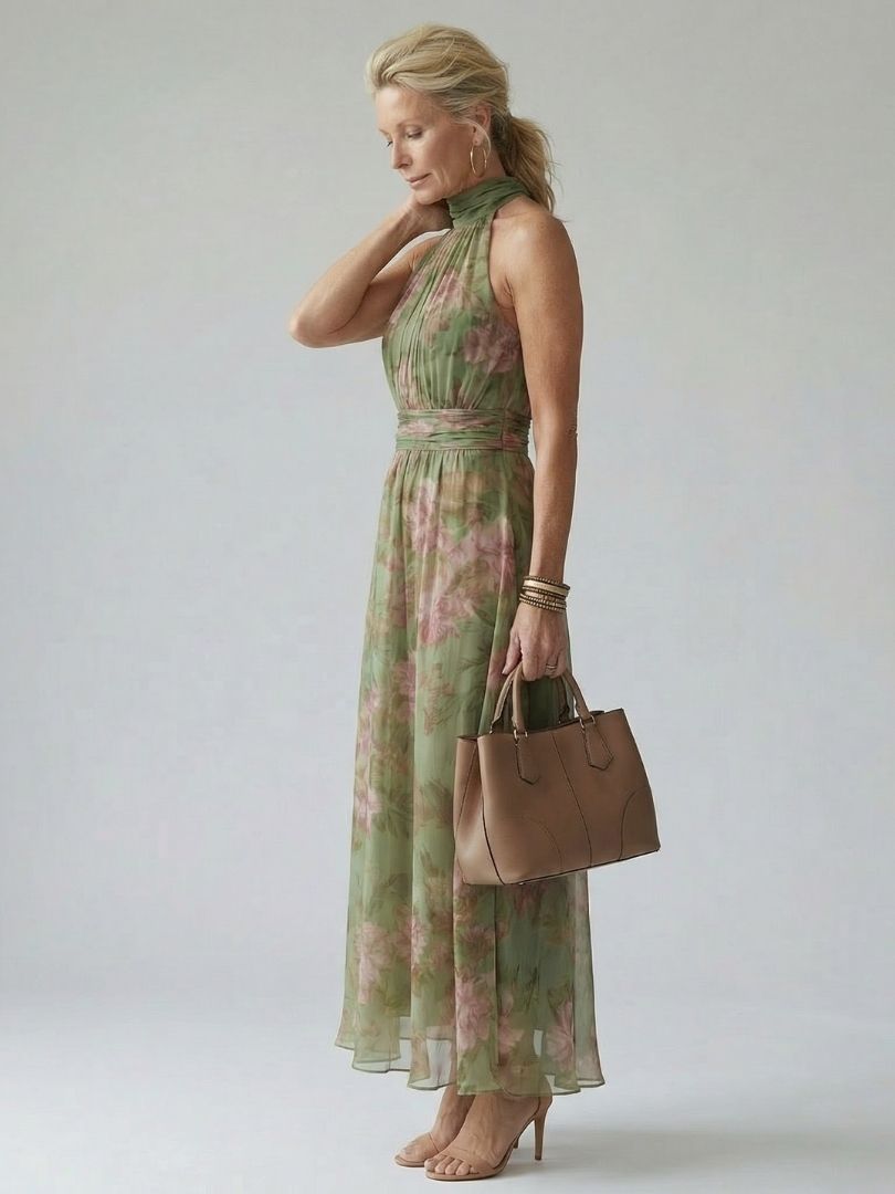 Naomi halter maxi dress by THE WHITMORE FAMILY, featuring gathered fabric and a flowing silhouette, shown in a quiet statement style.