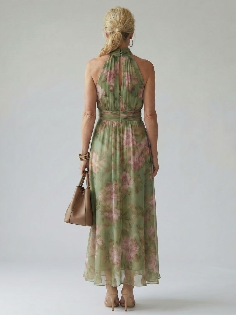 Naomi halter maxi dress by THE WHITMORE FAMILY featuring a gathered bodice and flowing silhouette in a quiet, elegant design.