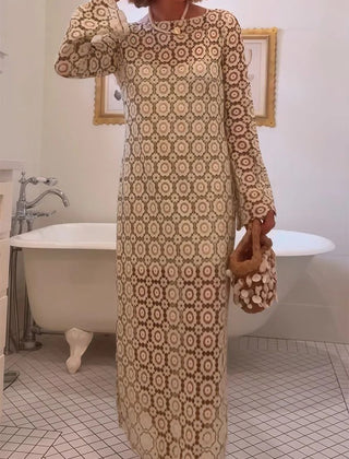 Beige Judy floral long sleeve midi dress by THE WHITMORE FAMILY, featuring a fitted waist and elegant midi length.