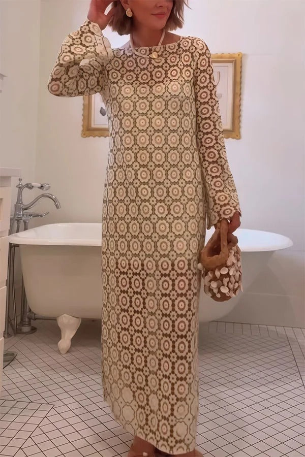 Beige Judy floral long sleeve midi dress by THE WHITMORE FAMILY, featuring a fitted waist and elegant midi length.
