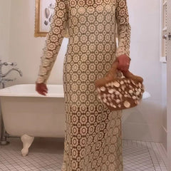 Beige Judy floral long sleeve midi dress by THE WHITMORE FAMILY, featuring a fitted waist and elegant midi length.