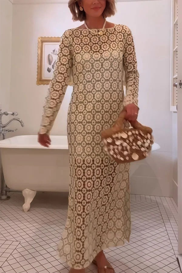Beige Judy floral long sleeve midi dress by THE WHITMORE FAMILY, featuring a fitted waist and elegant midi length.