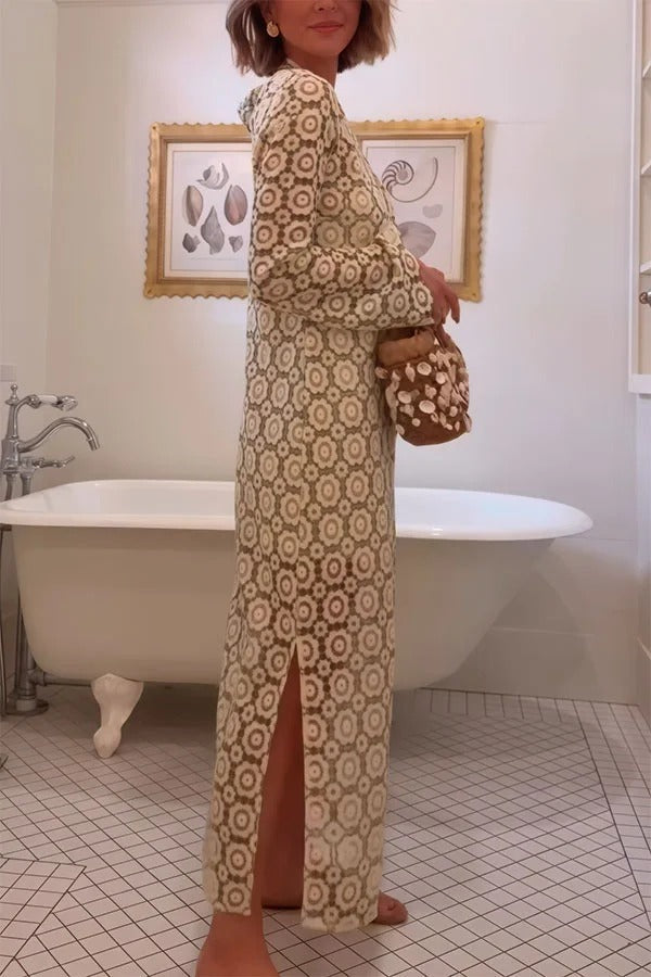 Beige Judy floral long sleeve midi dress by THE WHITMORE FAMILY, featuring a fitted bodice and flowing skirt.