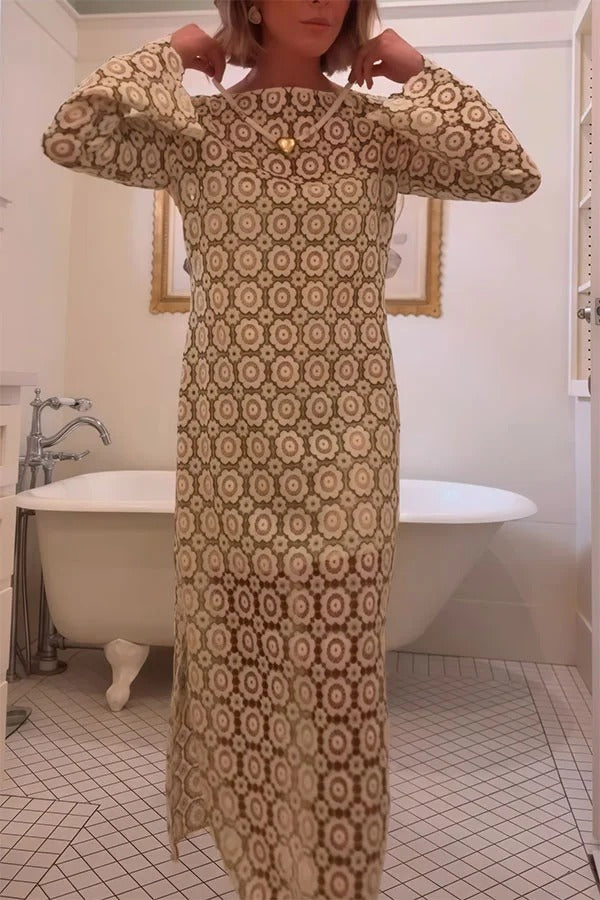 Beige Judy floral long sleeve midi dress by THE WHITMORE FAMILY, featuring a fitted waist and elegant midi length.