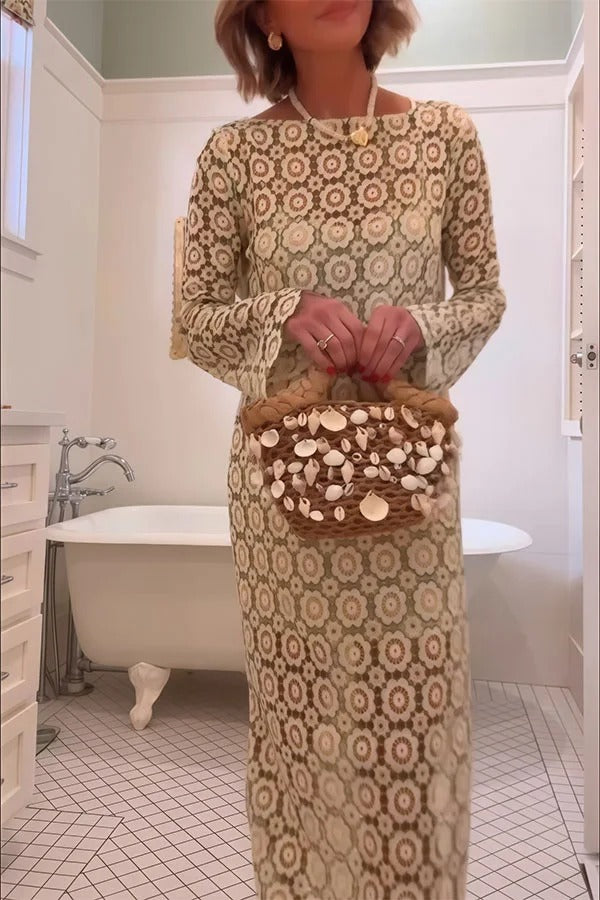Beige floral long-sleeve midi dress by THE WHITMORE FAMILY, featuring a fitted waist and elegant midi length.