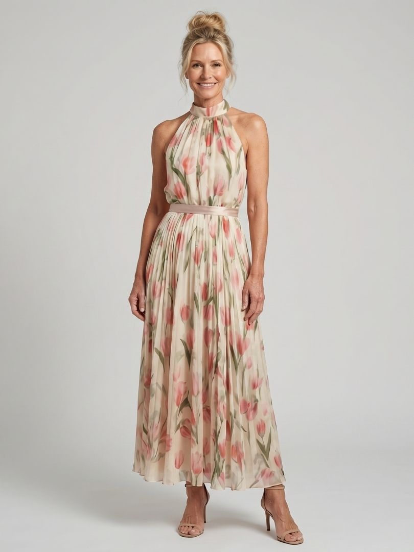Aurelle halter neck floral midi dress from THE WHITMORE FAMILY featuring a fitted bodice and flowing skirt on a model.