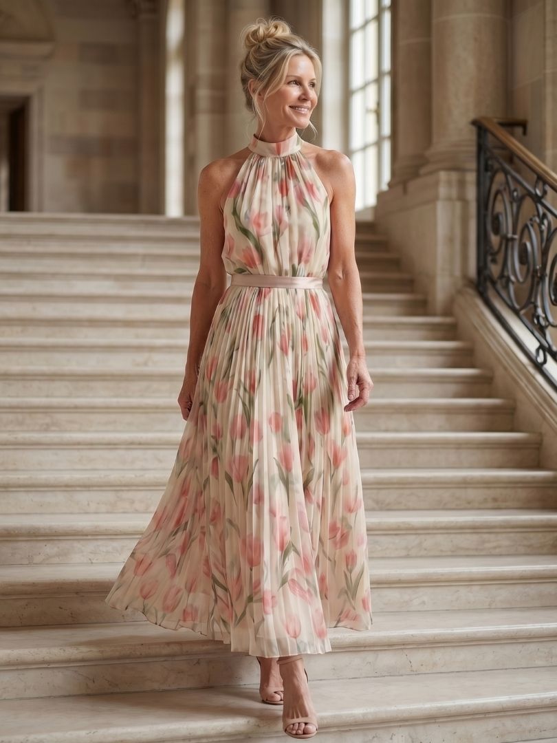 Aurelle halter neck floral midi dress by THE WHITMORE FAMILY, featuring a flowing skirt and vibrant floral pattern.