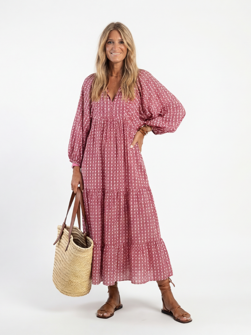 Arlette geometric print long sleeve midi dress by THE WHITMORE FAMILY, featuring a stylish pattern and fitted silhouette.
