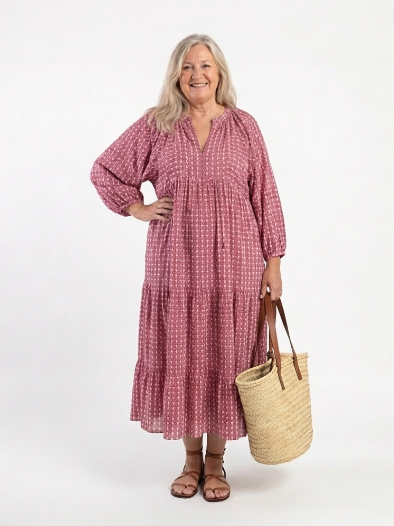 Arlette geometric print long sleeve midi dress by THE WHITMORE FAMILY, featuring a stylish pattern and elegant midi length.
