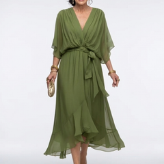 Elysia V-neck draped waist tie midi dress by THE WHITMORE FAMILY, featuring a flowing silhouette and elegant design.