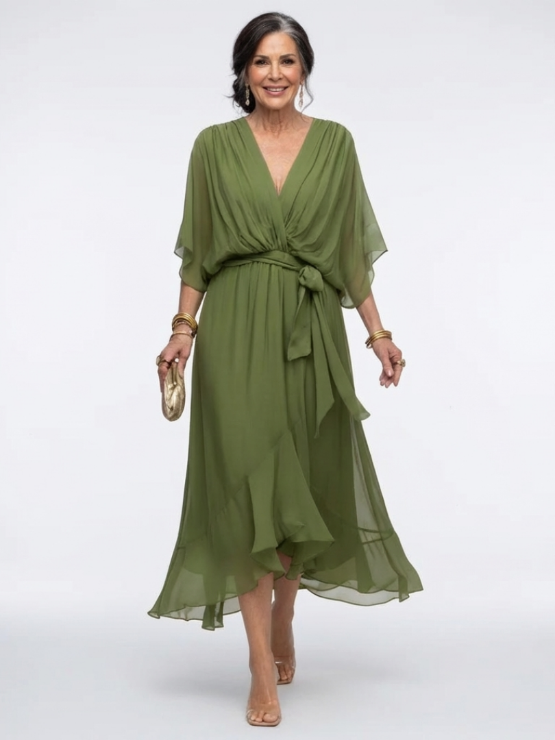 Elysia V-neck draped waist tie midi dress by THE WHITMORE FAMILY, featuring a flowing silhouette and elegant design.