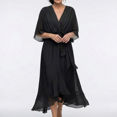 Elysia V neck draped waist tie midi dress by THE WHITMORE FAMILY, featuring a flowing silhouette and elegant design.