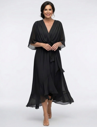Elysia V neck draped waist tie midi dress by THE WHITMORE FAMILY, featuring a flowing silhouette and elegant design.