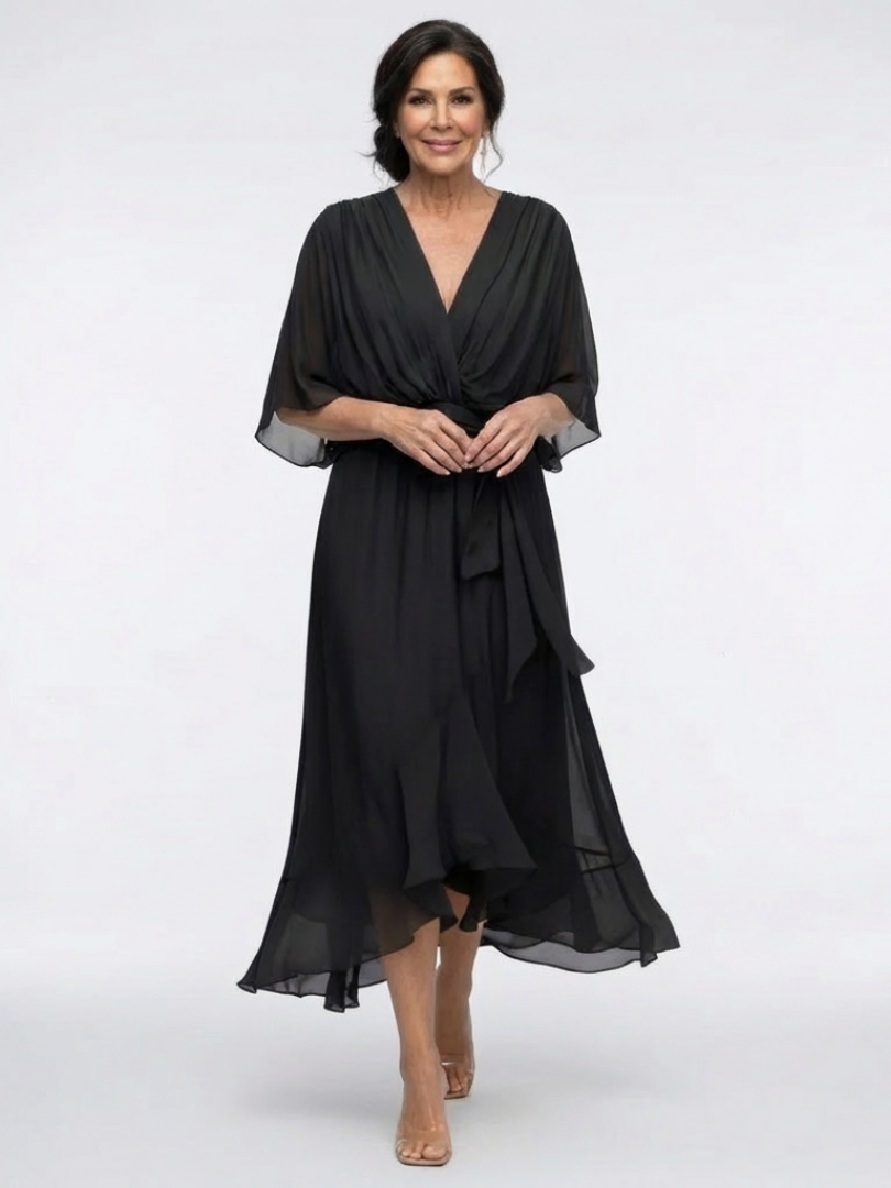 Elysia V neck draped waist tie midi dress by THE WHITMORE FAMILY, featuring a flowing silhouette and elegant design.