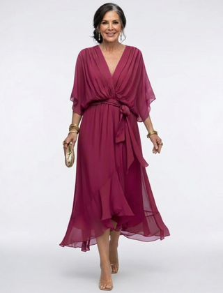Elysia V-neck draped waist tie midi dress by THE WHITMORE FAMILY, featuring a flowing silhouette and elegant draping.