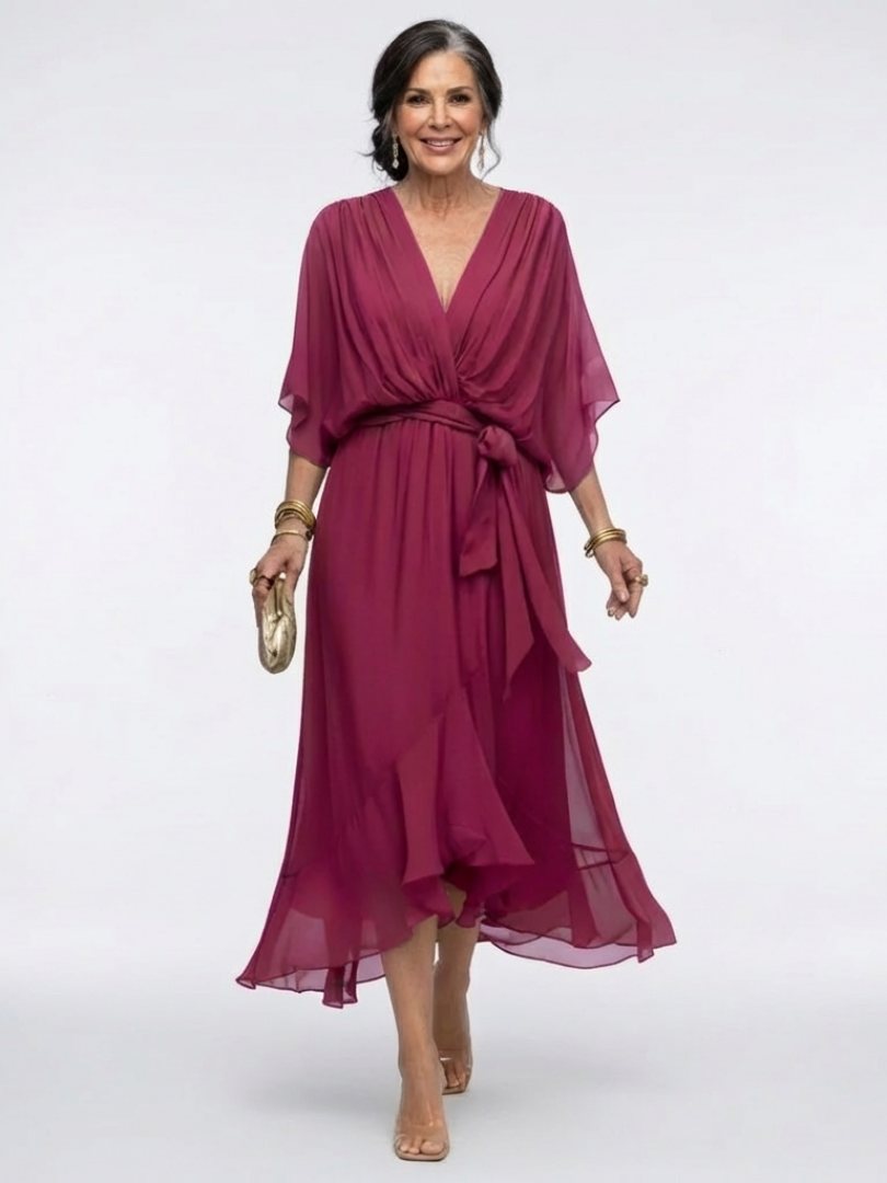 Elysia V-neck draped waist tie midi dress by THE WHITMORE FAMILY, featuring a flowing silhouette and elegant draping.