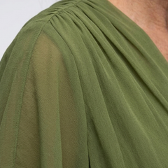 Elysia V-neck midi dress by THE WHITMORE FAMILY featuring a draped waist tie and flowing fabric in a stylish design.
