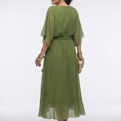 Elysia V-neck draped waist tie midi dress by THE WHITMORE FAMILY, featuring a flowing silhouette and elegant design.