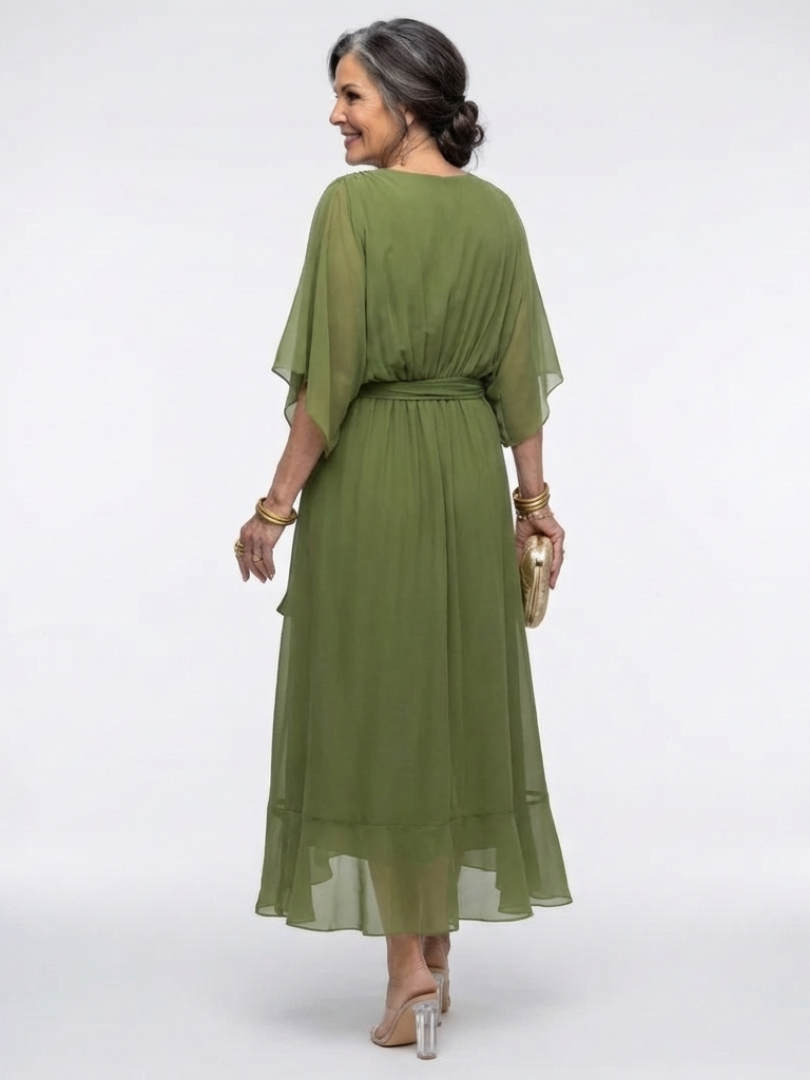 Elysia V-neck draped waist tie midi dress by THE WHITMORE FAMILY, featuring a flowing silhouette and elegant design.