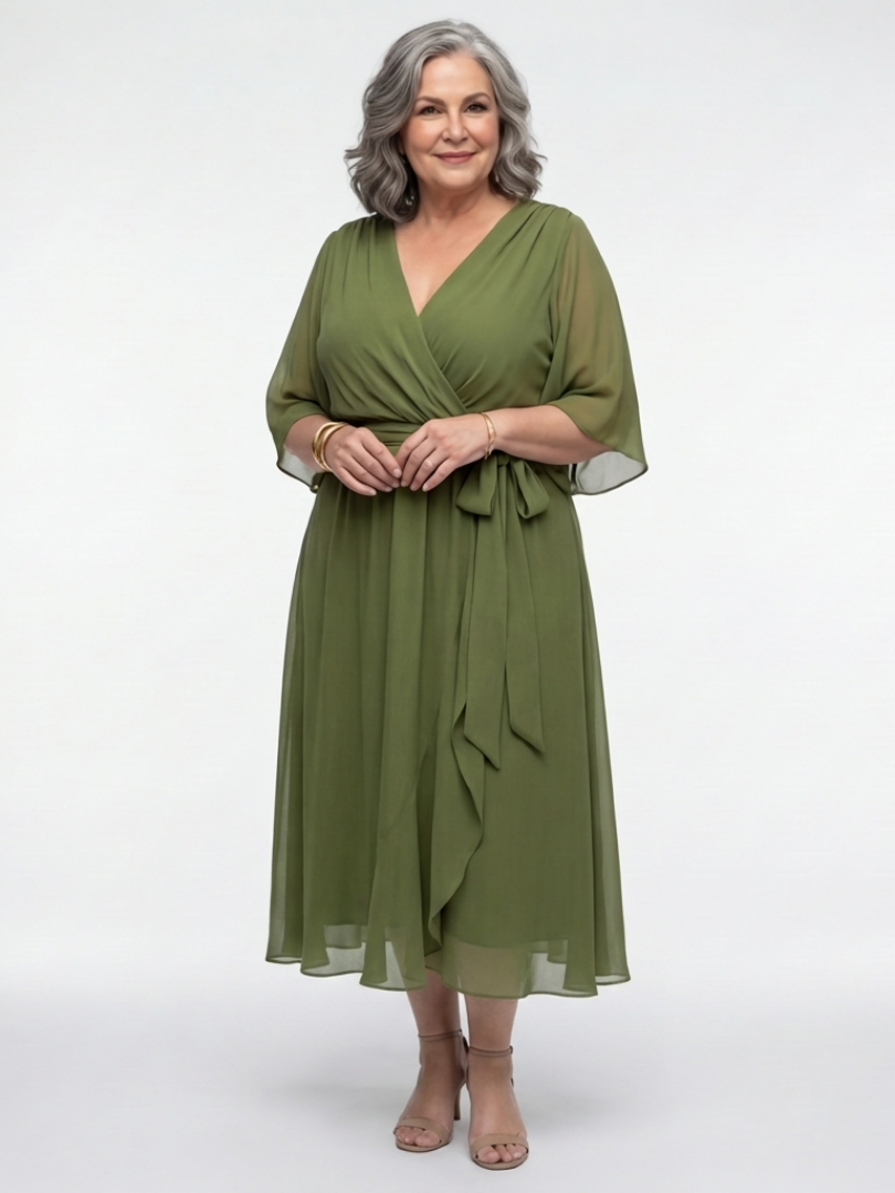 Elysia V-neck draped waist tie midi dress by THE WHITMORE FAMILY, featuring a flowing silhouette and elegant design.