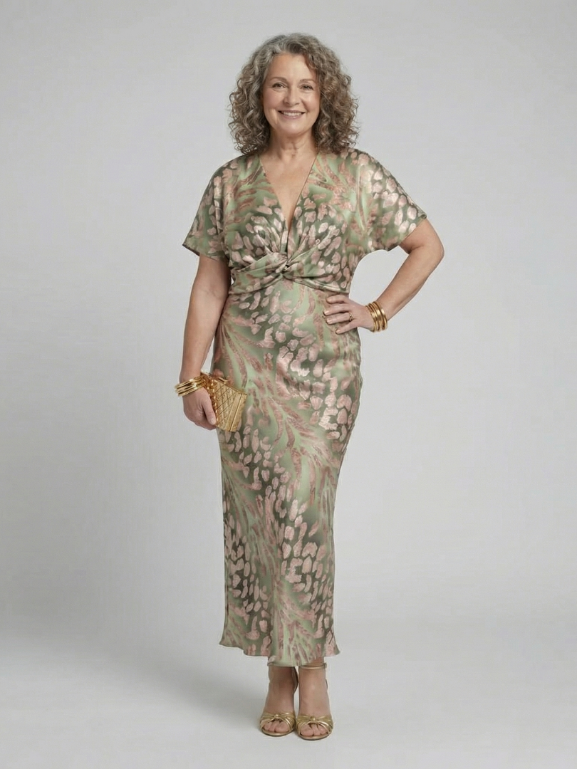Coralie abstract print V-neck twist waist midi dress by THE WHITMORE FAMILY, shown in a stylish midi dress with a V-neck and twist waist detail.