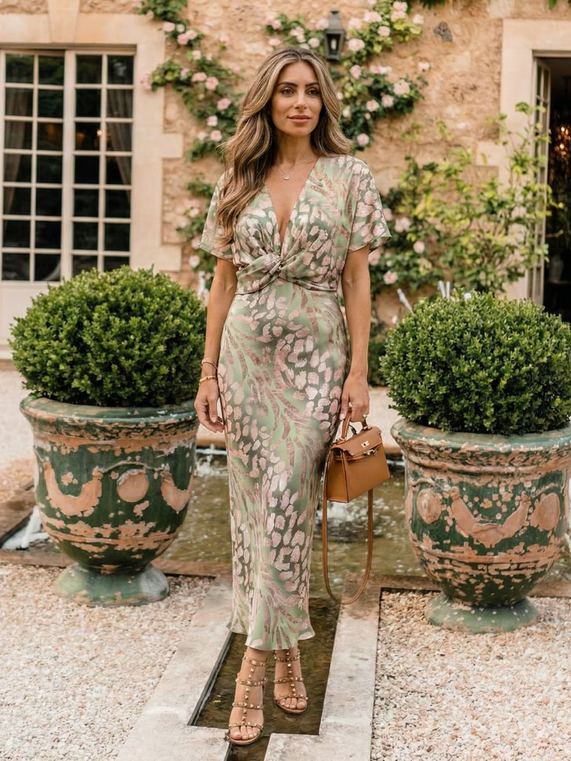 Coralie abstract print V-neck midi dress by THE WHITMORE FAMILY featuring twist waist and flowing fabric.
