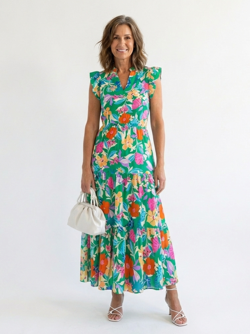 Lila floral v-neck tiered midi dress by THE WHITMORE FAMILY, featuring a flowy silhouette and vibrant floral pattern.