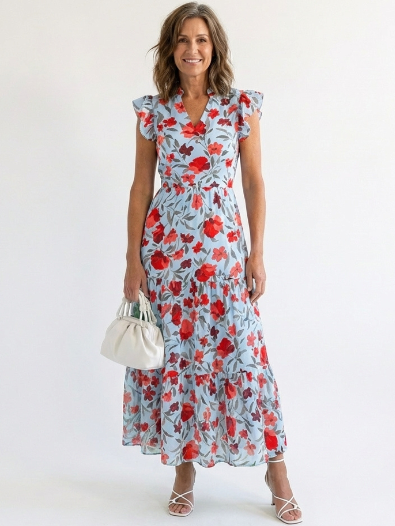 Lila floral V-neck tiered midi dress by THE WHITMORE FAMILY, featuring a flowy silhouette and vibrant floral pattern.